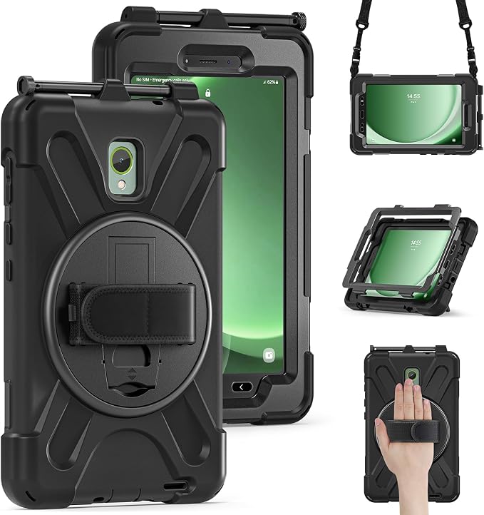 Junfire Case for Samsung Galaxy Tab Active5 8-inch 2024/ Active3 2020 | 360° Rotating Stand Hand Strap Shoulder Strap Pencil Holder Heavy Duty Shockproof Rugged Black T570 X300 Case