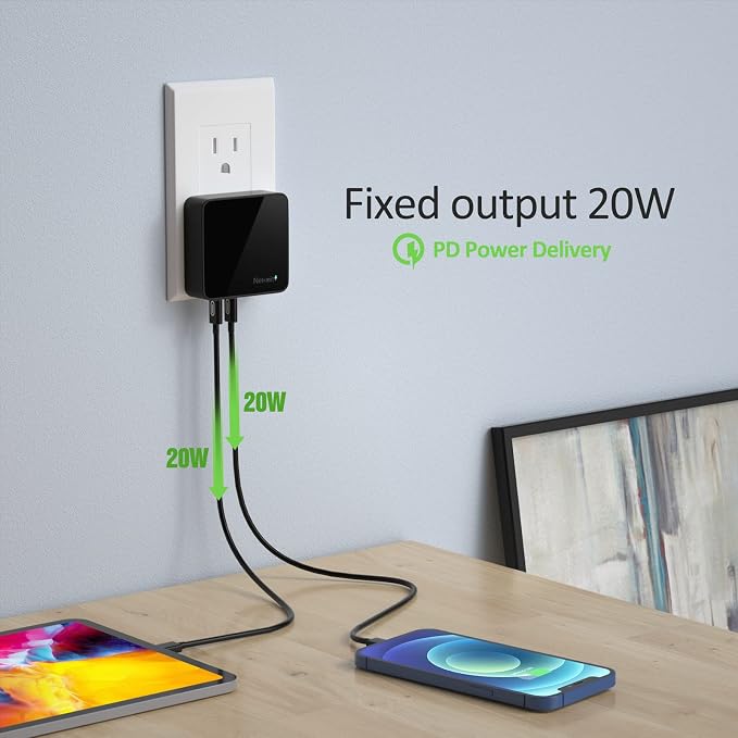 Nekmit USB C Charger Fast Thin Flat 52W 4-Port Wall Charger with Two 20W Power Delivery and 2 USB Port for iPhone 14/14 Pro/14 Pro Max Galaxy Pixel iPad Pro AirPods Pro and More Upgraded