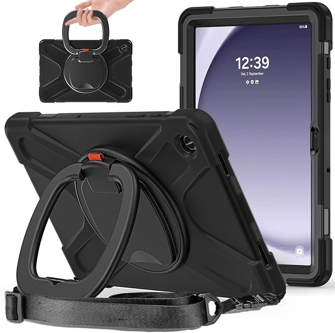 Case for Galaxy Tab A9 8.7 2023 (SM-X110/ X115) Heavy Duty Protective Case with 360 Degree Swivel Stand&ampHand Strap&ampShoulder Strap (Black)