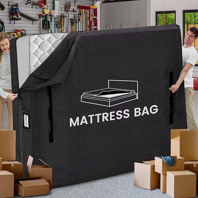 Mattress Bags for Moving and Storage, BETU Queen Mattress Protector Waterproof Mattress Cover with 8 Heavy Duty Handles and Zipper Extra Thick Moving Supplies for Bed Reusable (82x62x13.5 Black)