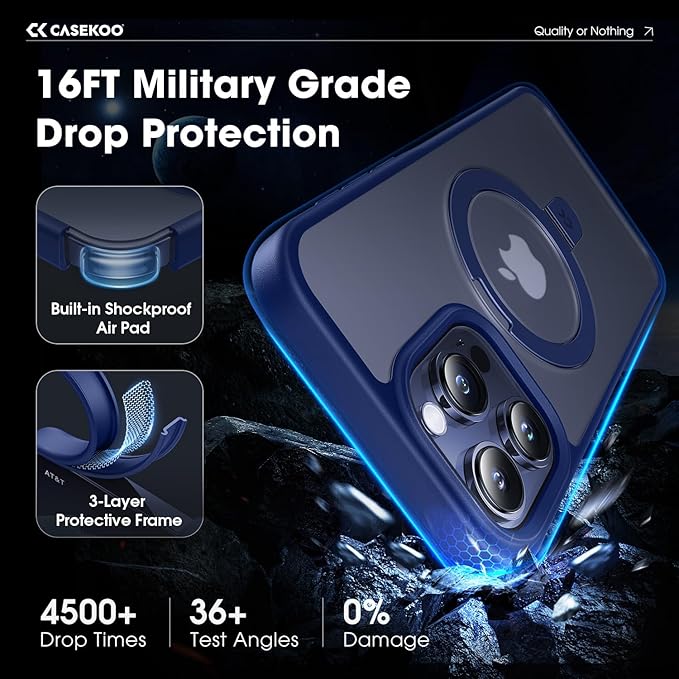 CASEKOO Designed for iPhone 15 Pro Max Case with Magnetic Invisible Stand [Military Drop Protection] [Compatible with MagSafe] Shockproof Slim Translucent Matte Promax Case 6.7 Inch, Blue