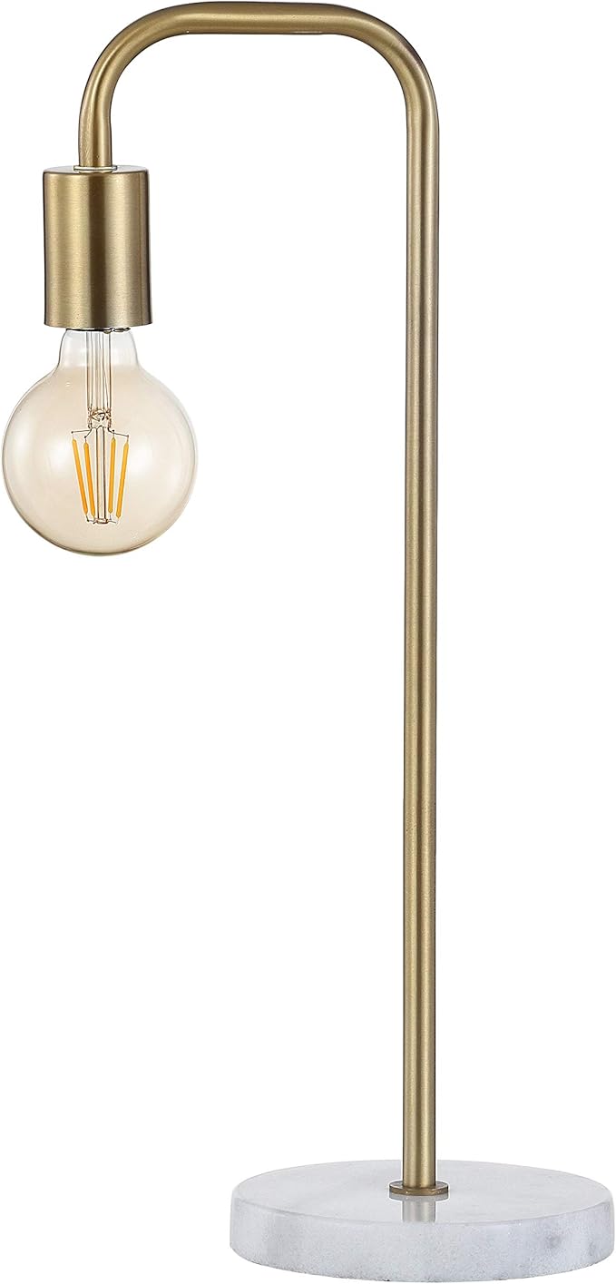 JONATHAN Y 20.5" Brass Gold Minimalist Glam Metal and Marble LED Table Lamp, Modern Industrial Pipe Desk Lamp for Bedroom Office Nightstand, White Marble Base, LED Bulb Included JYL1094A