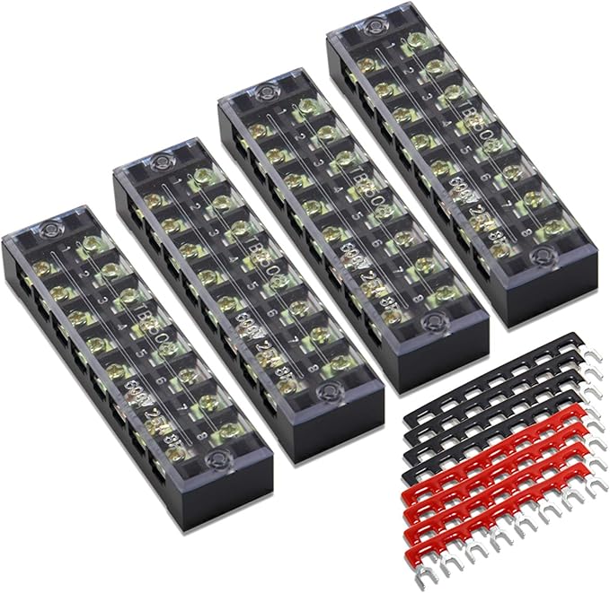 MILAPEAK Terminal Block and Strip - 4 pcs 8 Positions 600V 25A Dual Row Screw Terminals Strip with Cover + 8 pcs 400V 25A 8 Positions Pre-Insulated Terminal Barrier Jumper Strips Black & Red