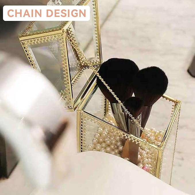 Glass Makeup Brush Holder with Lid Organizer Vintage Cosmetic Hexagonal Display Cases Brush Storage with Free White Pearls - Gold