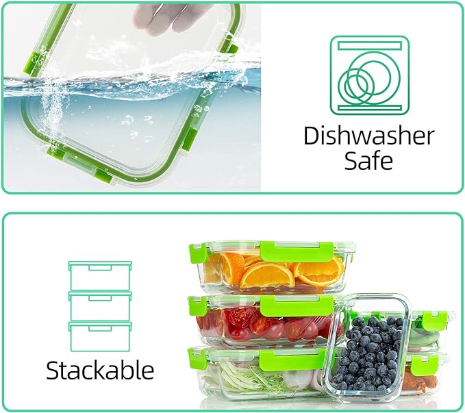 C CREST Glass Containers for Food Storage with Lids, [10-Pack] Meal Prep Containers for Kitchen, Home Use, BPA Free