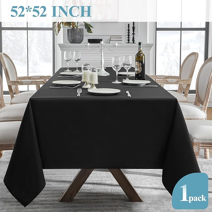 VidaFete 1 Pack Square Tablecloth 52 x 52 Inch Tablecloths Stain Wrinkle Resistant Polyester Dining Table Cover for Kitchen Dinning Party Wedding Rectangular Tabletop Buffet Decoration(Black)