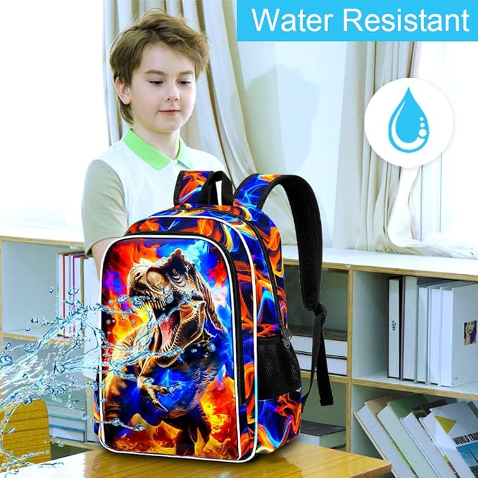 KLFVB 3PCS Boys Bookbag Set, 17" Dinosaur Bookbag and Lunch Box, Water Resistant Teenagers School Backpacks for Middle Elementary - Flame T-Rex