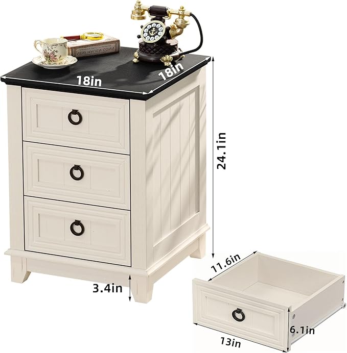 18" Farmhouse Night Stand with 3 Drawers, Wood End Table Dresser for Bedroom, White Nightstand, Bed Side Table with Metal Handle, Bedside Cabinet for Bedroom Living Room, Closet