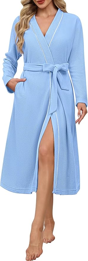 Ekouaer Robes for Women Long Sleeves Bathrobe V Neck Cozy Housecoat Lightweight Fleece Robe with Pockets S-XXL