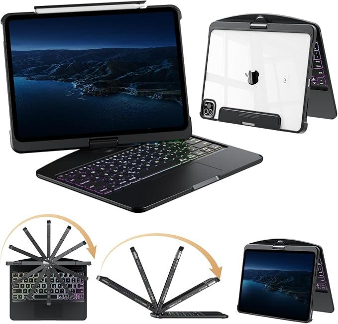 360°Rotation Bluetooth Keyboard Case for iPad 11th Gen（A16）10th 10.9 inch | iPad keyboard case 11/10th generationTouchpadKeyboard Battery Level Visualization360° rotateand 180° flip7-color backlit