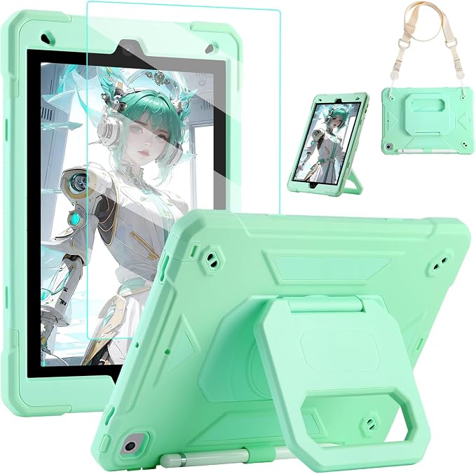 for iPad 9th/8th/7th Generation Case iPad 10.2 Case 2021/2020/2019 Rugged Heavy Duty Shockproof Protective Kids Case with Screen Protector/360° Rotating Folding Stand/Pencil Holder/Shoulder Strap
