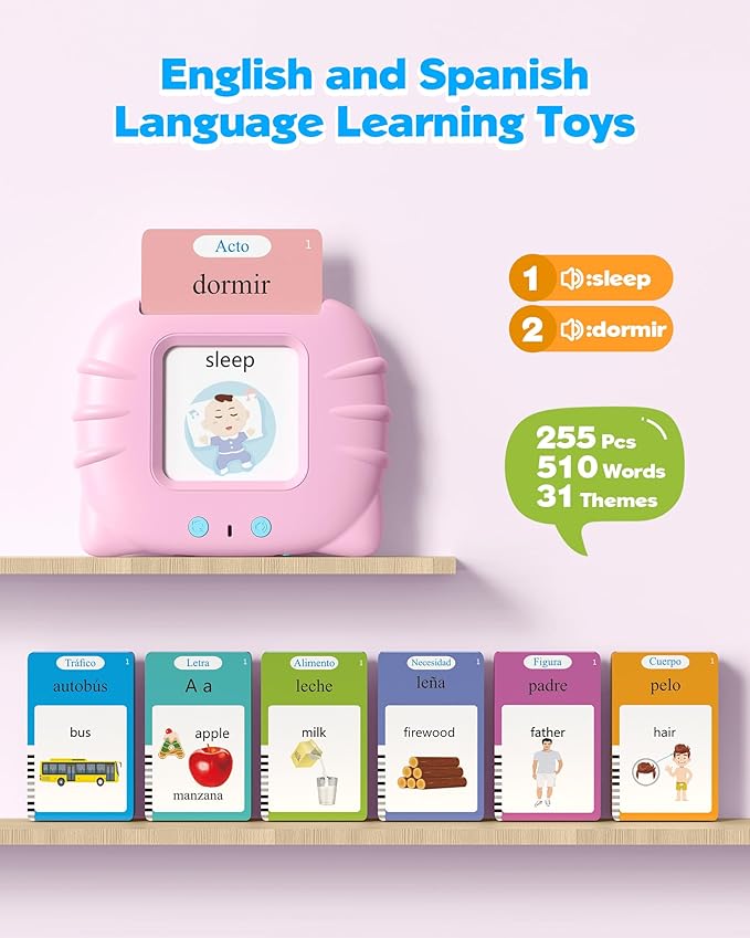 Bilingual Pink Spanish and English Talking Flash Cards, Pocket Speech Therapy Tools with 510 Words, Montessori Language Learning Aids, Children's Sensory Learning Kits