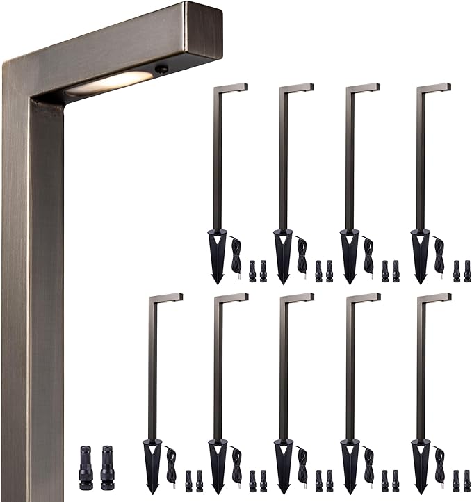 Brass Landscape Path Lights, LED 12V Low Voltage Pathway Lights Wired, Modern Outdoor Garden Lights Waterproof, L Shape Bronze for Patio Lawn Without G4 Bulb 10 Pack