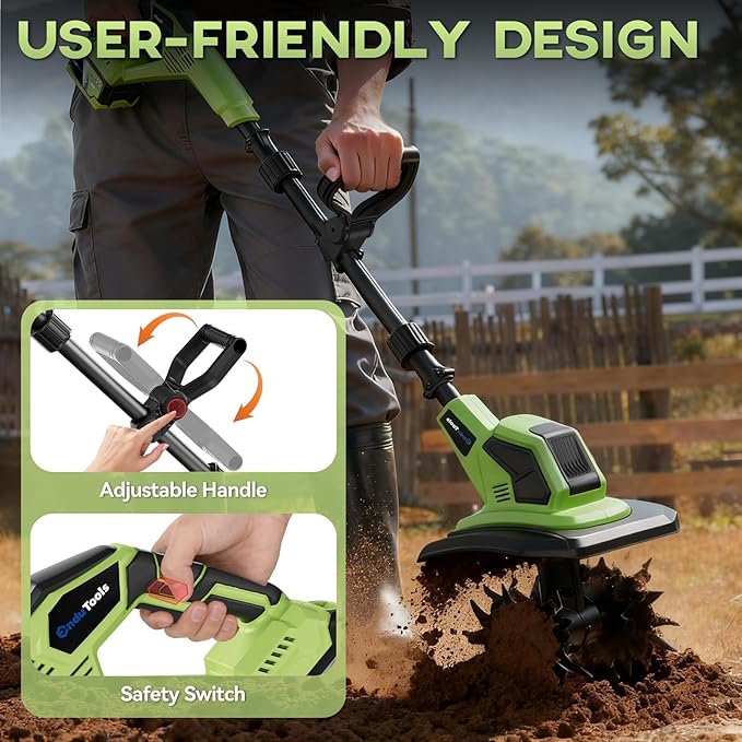 Cordless Tiller Cultivator - 21V 360RPM Electric Garden Tiller with 2 * 4.0Ah Batteries & Fast Charger, 9In Tilling Width and 6.7In Depth, Tiller for Gardening, Lawn, Soil
