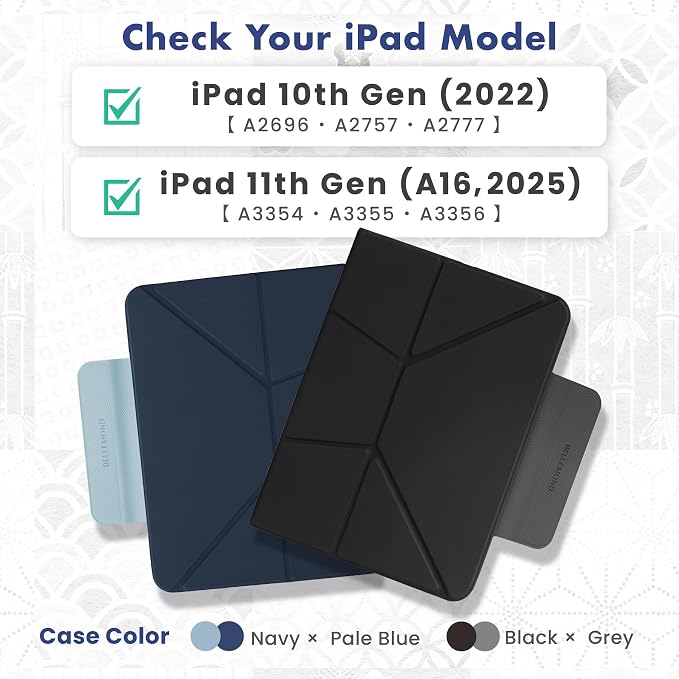 BELLEMOND iPad Case for iPad A16 11 2025 / 10th Gen 10.9 2022 | Origami Folio Stand | 6-Mode Foldable Magnetic Detachable Cover | Mamoru Ori Case | Black &amp Grey