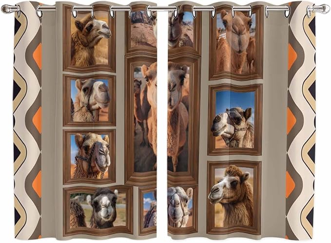2 Panel Kitchen Cafe Curtains, Desert Camels Sunlight Filtering Nature Air