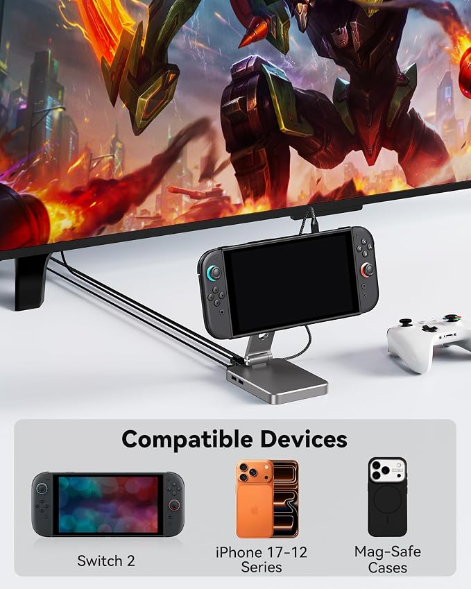 Foldable Magnetic Stand Holder for Nintendo Switch 2 iPhone | Aluminum Alloy Adjustable Design MagSafe-Compatible Portable Kickstand Mount Switch 2 Accessories for Desktop &amp Travel