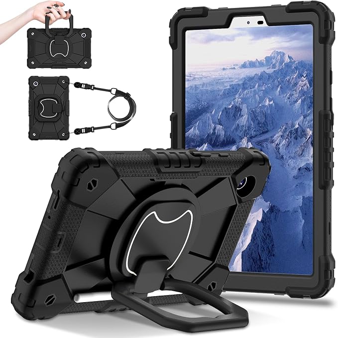 for Samsung Galaxy Tab A9/A11 8.7-Inch 2023/2025 Case.【NO A9+ Plus】 360 Rotating Stand Shoulder Strap Heavy Duty Shockproof Protective Silicone Case (Black)