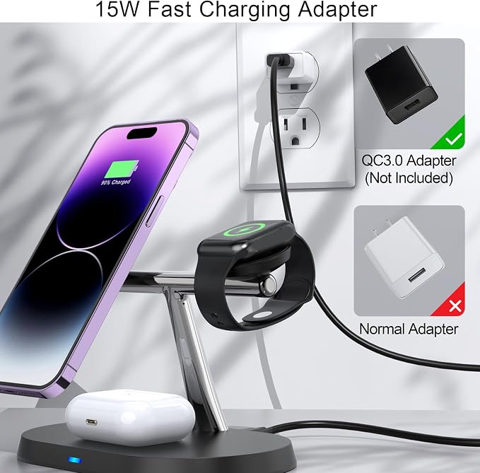 Cuifati 3 in 1 Wireless Charger Stand Fast Magnetic Charging Station for Multiple Devices with 15W Output for Phones