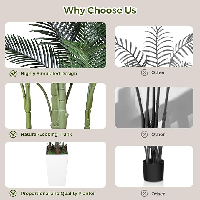 Artificial Areca Palm Tree 6FT Fake Potted Plant Faux Silk Tropical Areca Palm Real Bark Design, Large Artificial Plant in Tall White Pot for Home Living Room House Warming Floor Decor