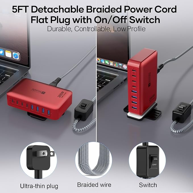 8-Port Multi Charging Stations 200W with Flat Plug Braided Power Cord and On/Off Switch- USB Charging Hub for iPhone iPad MacBook and More- 65W C Port Power Adapter for Laptops