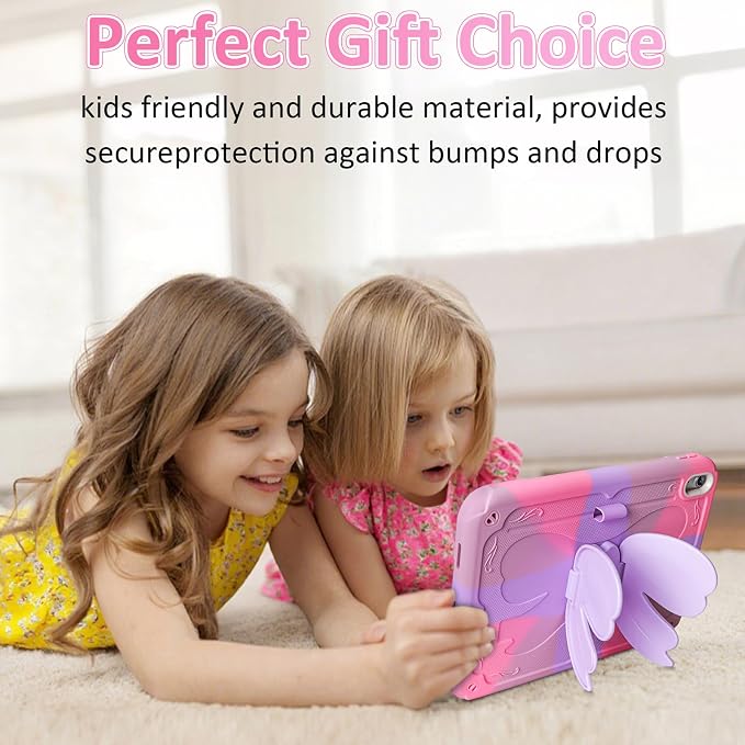 for iPad 10th Case 10.9 Inch for iPad A16 Case for Kids Girls Purple Pink | Built in Pencil Holder Stand Durable Rugged Heavy Duty Shockproof Protective Cover for iPad 10th Generation with Strap