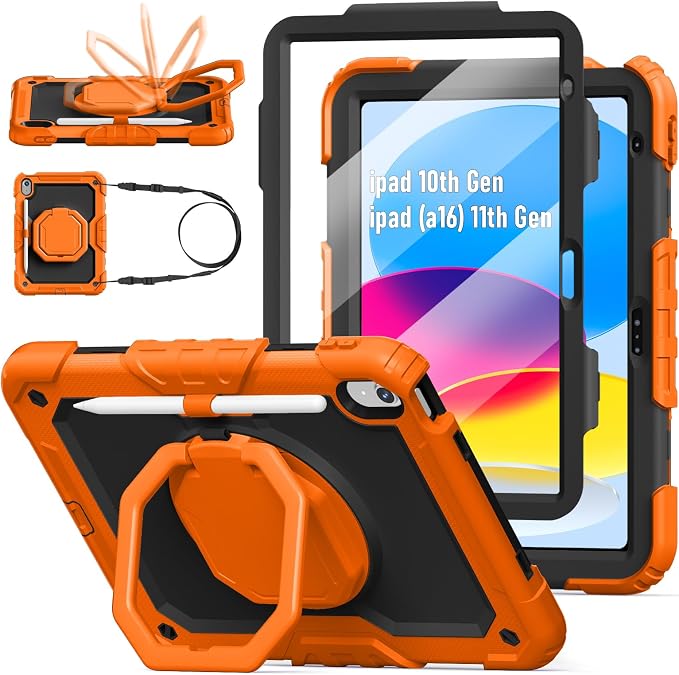 Case for iPad (A16) 11th/10th Generation 11/10.9 2025/2022 Black | Full-body Heavy Duty iPad A16 Case for Adults Kids with Screen Protector 360° Rotating Stand Shoulder Strap Pencil Holder