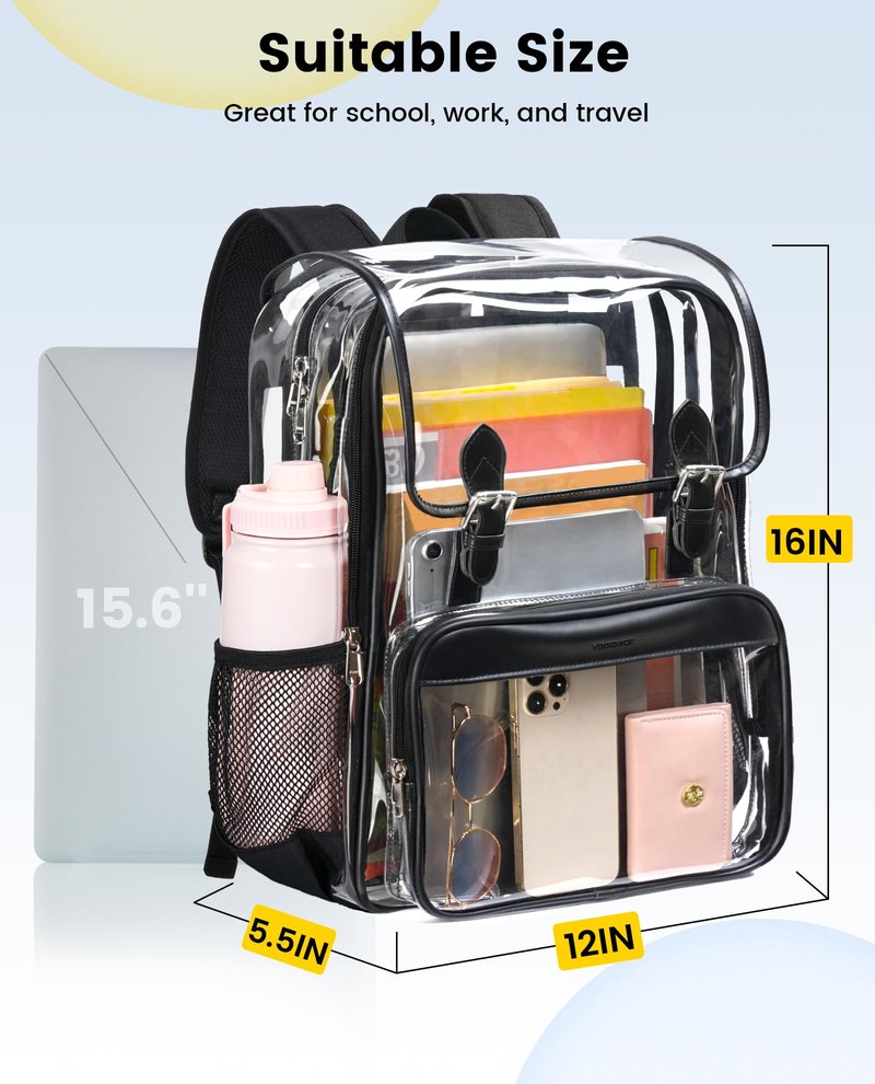 Vorspack Heavy Duty Clear Backpack - Large See Through Bookbag Transparent Backpacks for College, Work, Travel - Black