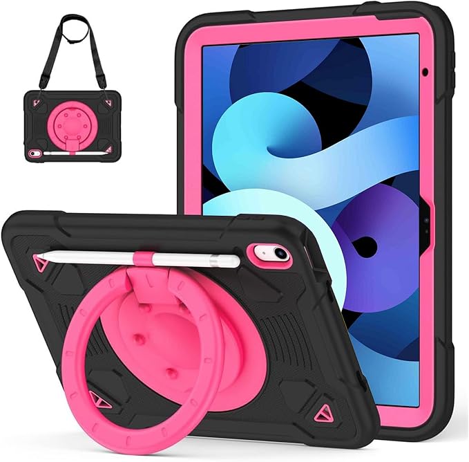 Case for iPad A16 11th / 10th Gen 10.9-Inch 360° Rotating Kickstand | Kids Shockproof Protective Cover with Handle Shoulder Strap &amp Pencil Holder Durable Silicone Case for Girls Black