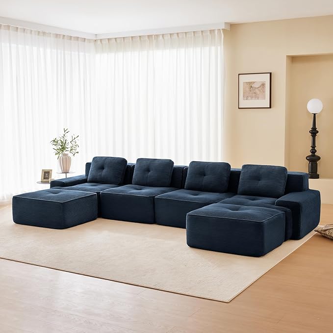 150" Modern Compressed Boneless Couch with Ottoman, 4 Seater Large U Shaped Sectional Couches for Living Room, Blue Corduroy Cloud Modular Sectional Sofa, Memory Foam, Extra Deep, No Assembly
