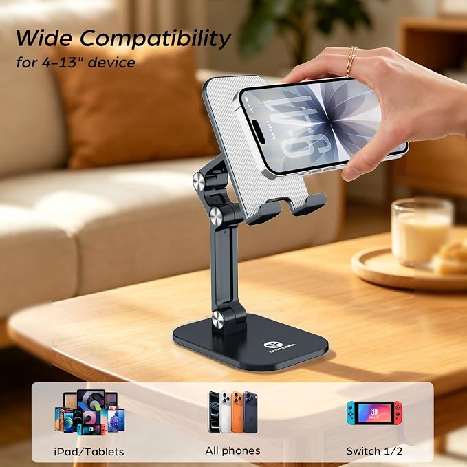 OCYCLONE Phone Stand Adjustable Height and Angle Foldable Cell Phone Stand Holder for Desk Taller iPhone Stand Compatible with 4.7-13 Smartphones iPad Tablet Beige