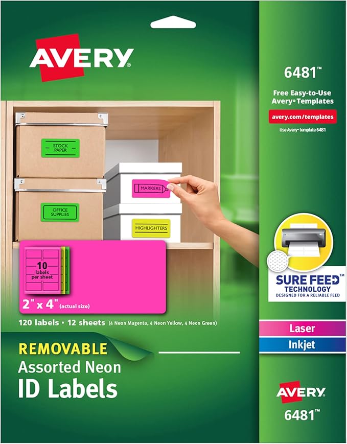 Avery Printable Labels with Sure Feed, 2" x 4", Assorted Neon Colors (Green, Magenta, and Yellow), Removable Adhesive, Laser & Inkjet Compatible, 120 Blank Labels per Pack (5-Pack of 6481)
