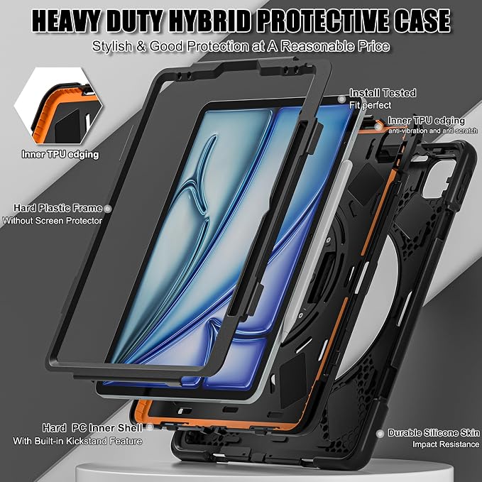 Batianda VortiGrip Case for iPad Air 11 M2/M3/M4 2024-2026 Colorful Blue | Heavy Duty Triple-Layer Rugged Case with 360° Rotating Hand Strap Foldable Hidden Stand Shoulder Strap and Pencil Holder