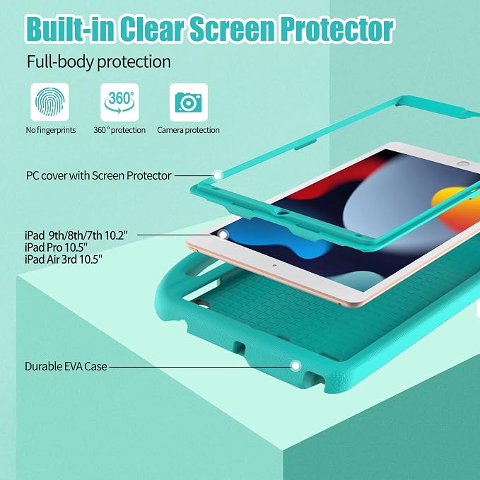 Kids Case for iPad 10.2 &amp 10.5 iPad 9th/8th/7th Generation 10.2 2021 2020 2019 Case with Screen Protector iPad Air 3rd Gen/Pro 10.5 inch Protective Cover with Handle Stand Black