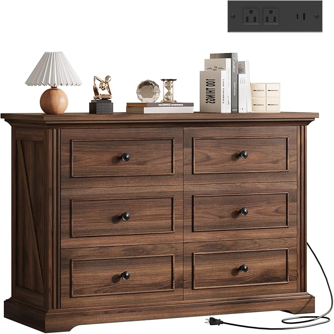 QUW Farmhouse 6 Drawer Dresser for Bedroom, 47" Wide Wood Chest of Drawers with Charging Station, Metal Handle, Modern Closet Clothes Storage Organizer for Living Room, Hallway, Entryway, Dark Walnut