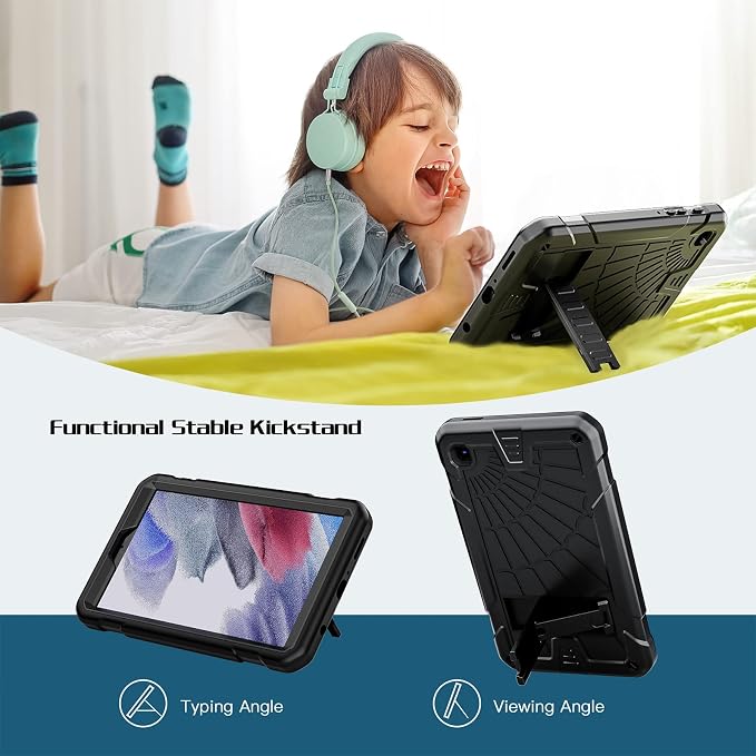 TSQQST Samsung Galaxy Tab A7 Lite Case 8.7 Inch 2021 for Kids | SM-T220/T225/T227 Full Body Protective Shockproof Rugged with Stand+Shoulder Strap Black