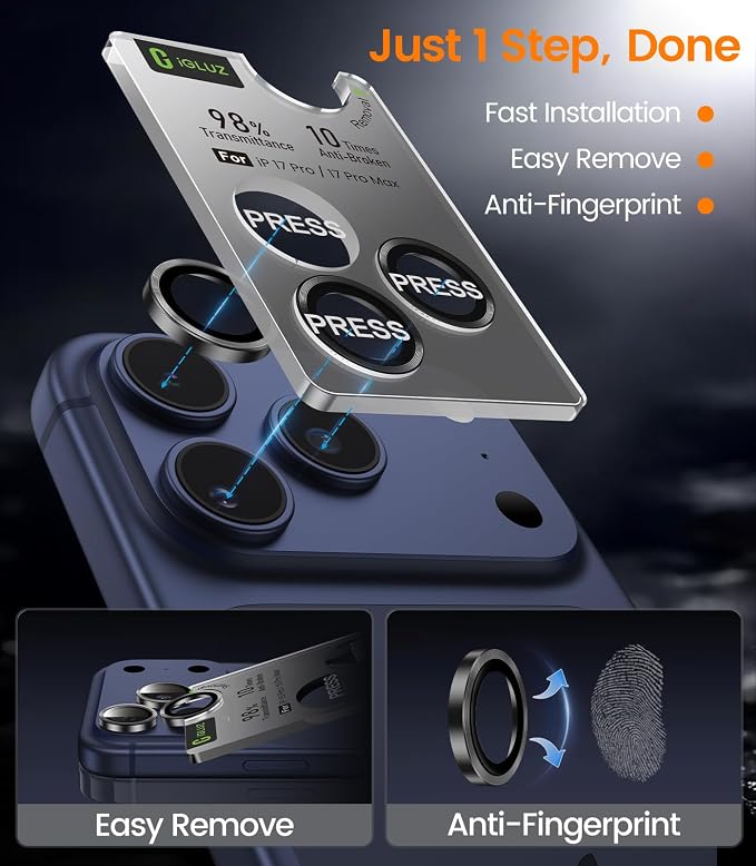 iGluz 2 Pack Anti-Reflection Camera Lens Protector for iPhone 17/16/16 Plus [98% Transmittance][1-Step Installation][Strong Adsorption] 9H Shatterproof Tempered Glass-Black