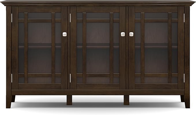 SIMPLIHOME Bedford Storage Cabinet - 62 inch Wide Solid Wood Sideboard Cabinet in Dark Tobacco Brown, Transitional Buffet for Living Room, Dining Room, or Entryway with Glass Doors and Shelves