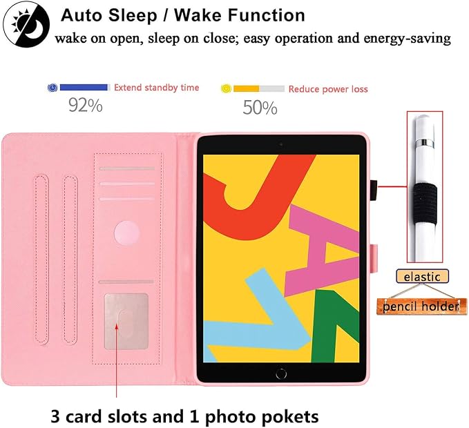 for Apple iPad 9th/8th/7th Generation 10.2 Inch Case 2021/2020/2019Smart PU Leather Folio Stand Magnetic Wallet with Card Pockets [Auto Wake/Sleep] Soft TPU Shockproof Cover Pink Beach Sea