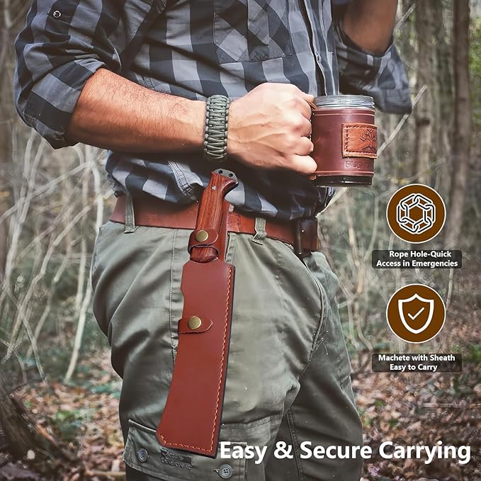 Machete w Sheath for Yard Work, 15'' Full Tang Camping Machete for Cutting Trees Heavy Duty, Survival Machetes, 0.22’’ Thick 5CR15MOV Stainless Steel Blade Spine & Wood Handle, Clearing Brush and Gardening