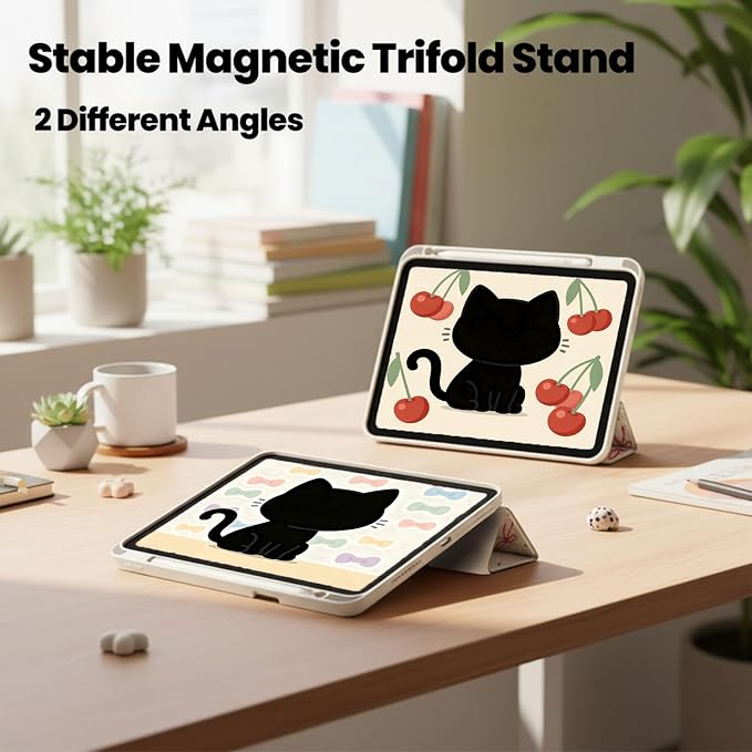 for iPad A16 11 Inch 2025 /for iPad 10th Generation 10.9 Inch 2022 Cute iPad Black Case with Pencil Holder-[Auto Wake/Sleep] Trifold Stand Soft TPU Protective Cover Pink Bows