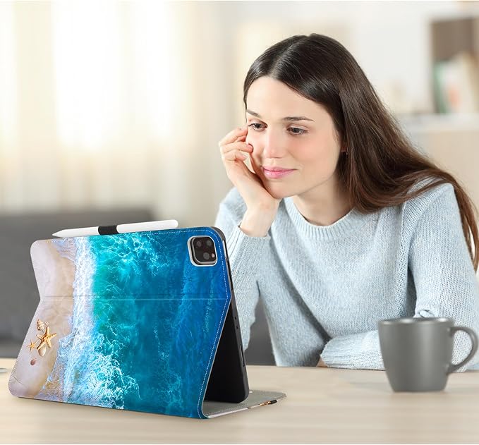 Vimorco for iPad Pro 11-inch Case M5/M4 2025/2024 for iPad Pro Case 11 Inch M5/M4 Pencil Holder/Hand Strap/Pocket/Screen Protection Band 3 Adjustable Angles Auto Sleep/Wake Beach Blue Ocean
