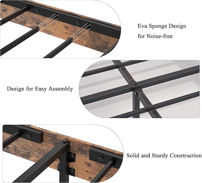 Farmhouse Wooden Bed Frame King Size with Storage Headboard, Boho Platform Bedframe with LED Lights and Charging Station, Metal Slats Support, No Box Spring Needed, Brown