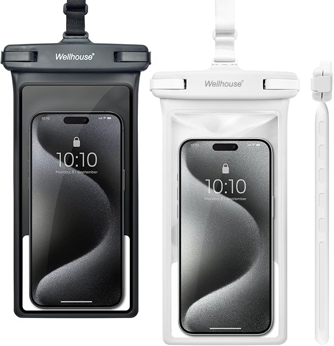 wellhouse Waterproof Phone Pouch, Waterproof Phone Case for iPhone 16 15 14 13 12 Pro Max XS Samsung, IPX8 3D Cellphone Dry Bag Beach Essentials (2 Pack - Black & White8.0, 8 inch)