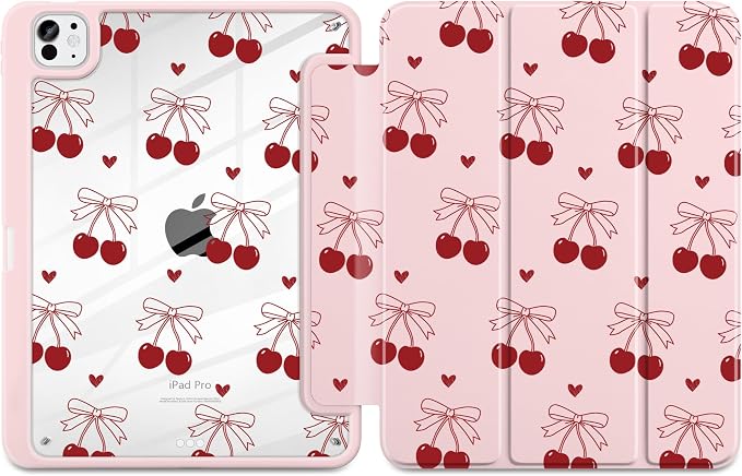 DONGKE for iPad Pro 11-Inch Case (M5 2025 / M4 2024) 6th/5th Generation [Auto Sleep/Wake &amp Pencil Pro Holder] Clear Acrylic Back Smart Trifold Stand Cover Bear &amp Cherry