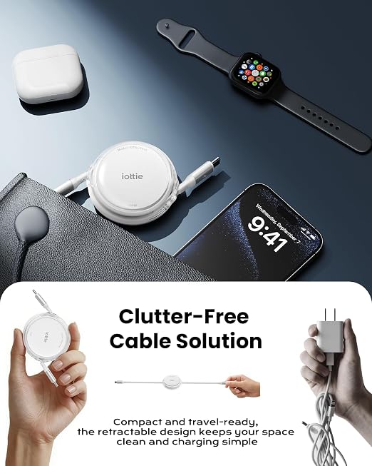 iOttie Basix 100W Retractable USB-C Cable Fast Charging USB C-to-C Cable with 4 Adjustable Cable Lengths USB C Cable for iPhone 17/17 Air/17 Pro/Pro Max 16 15 Series Samsung S24/23+