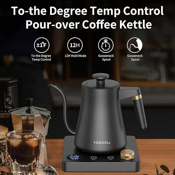 YESERLI 1200W Gooseneck Kettle with ±1℉ Temperature Control,Pour Over Electric Kettle for Coffee & Tea,Digital Display,4 Temp Preset,12H Keep Warm,100% Stainless Steel,Rapid Heating,1L,Matte Black