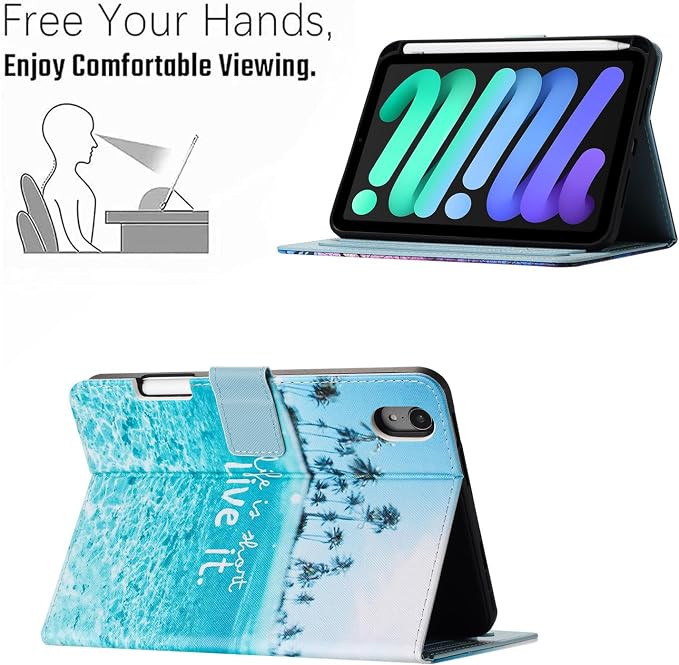 Case for iPad mini 7 A17 Pro &amp iPad mini 6 (2024/2021) Built-in Pencil Holder Premium PU Leather Folio Stand Smart Protective Cover Multi-Viewing Angles and Auto Wake/Sleep - Beach