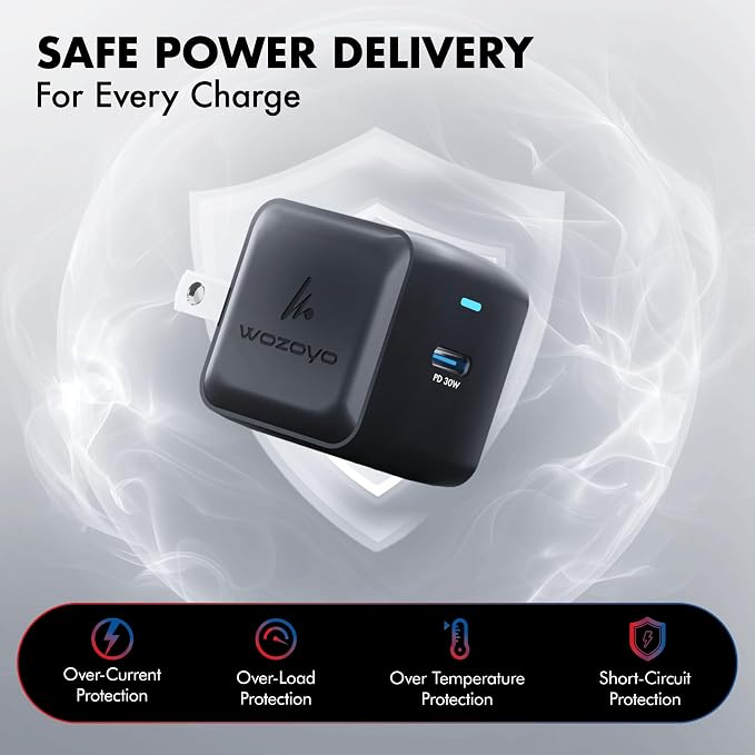 PD 30W Wozoyo GaN Charger Type-C Fast Charger Compatible for iPhone 17/16/16 Pro Max/15 Series/iPad Pro Smartphones &amp Tablets QC 3.0Compact Foldable Plug Design Smart Power Delivery