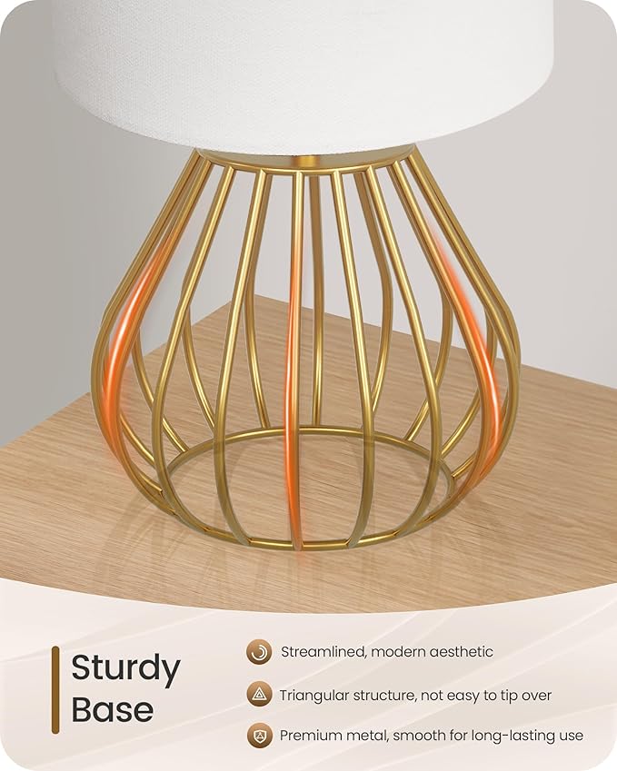 Gold Table Lamp Set of 2, Small Bedside Lamp with Gold Metal Base & White Linen Lampshade, Modern Nightstand Lamp, Little Cute Desk Lamp for Bedroom, 2700K LED Bulb Included DCW06TLP205